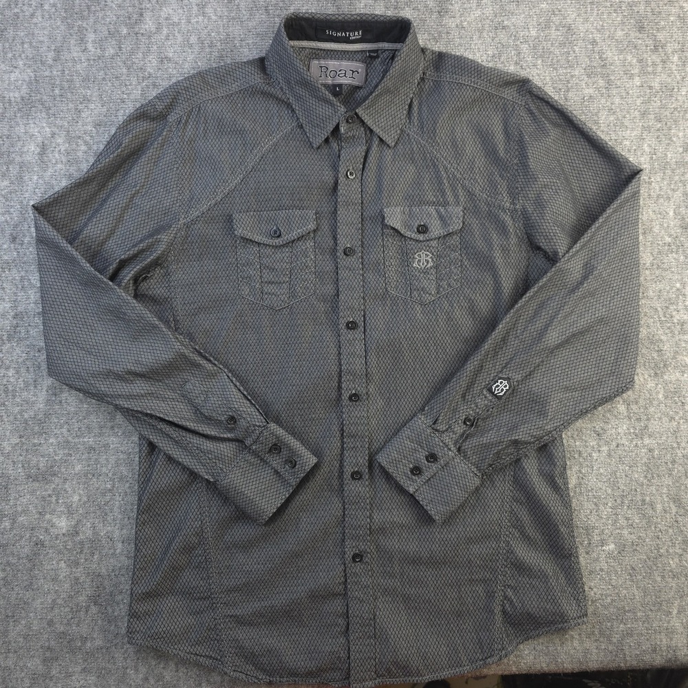 Roar Shirt Large Black Check Embroidered‎ Long Sleeve Button Up Cotton